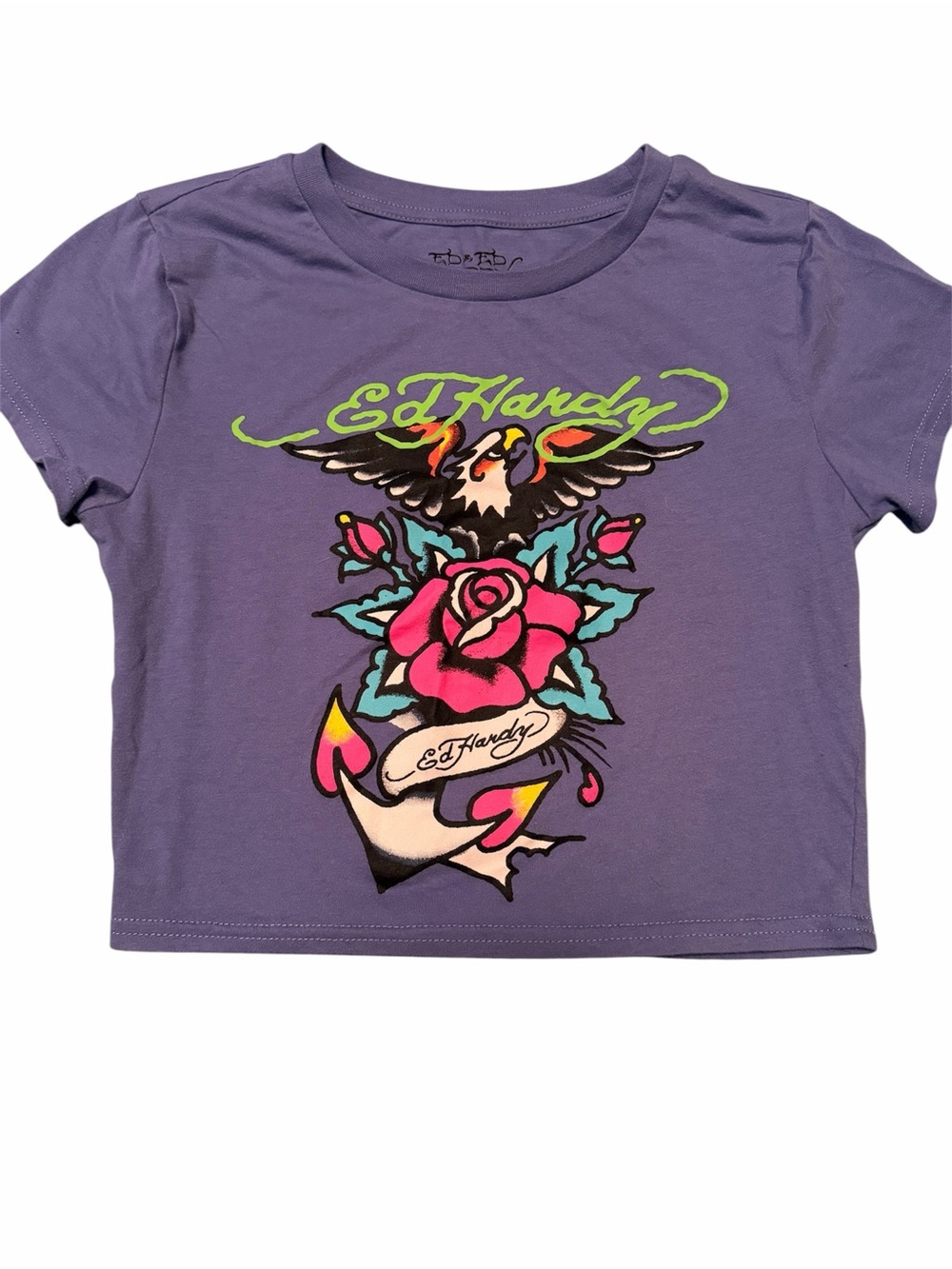Ed Hardy Purple Short Sleeve Tee with Neon Rose & Eagle Graphic